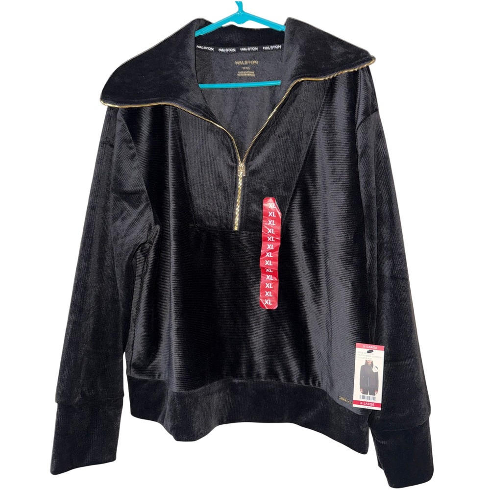 Halston Velour Quarter Zip‎ Funnel Neck Pullover Women's XL Black H5S85ASU NWT